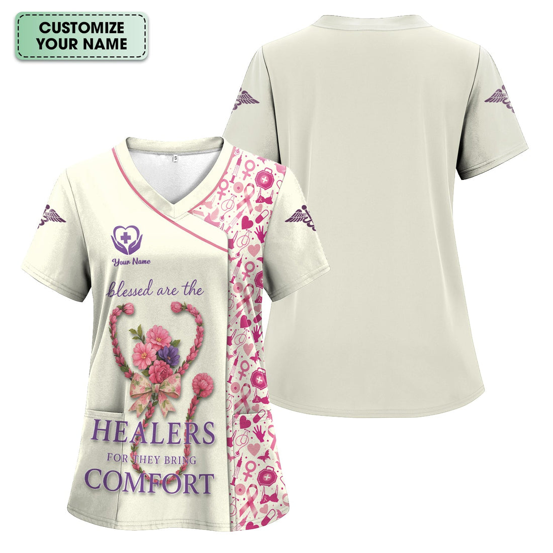 Personalized Breast Cancer Blessed Healers Nurse Scrub Top
