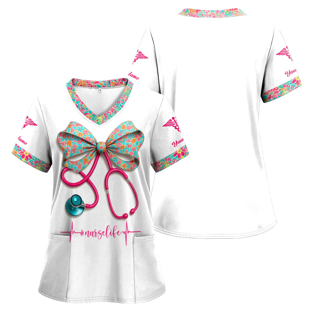 Personalized Colorful Bow Stethoscope Nurse Scrub Top