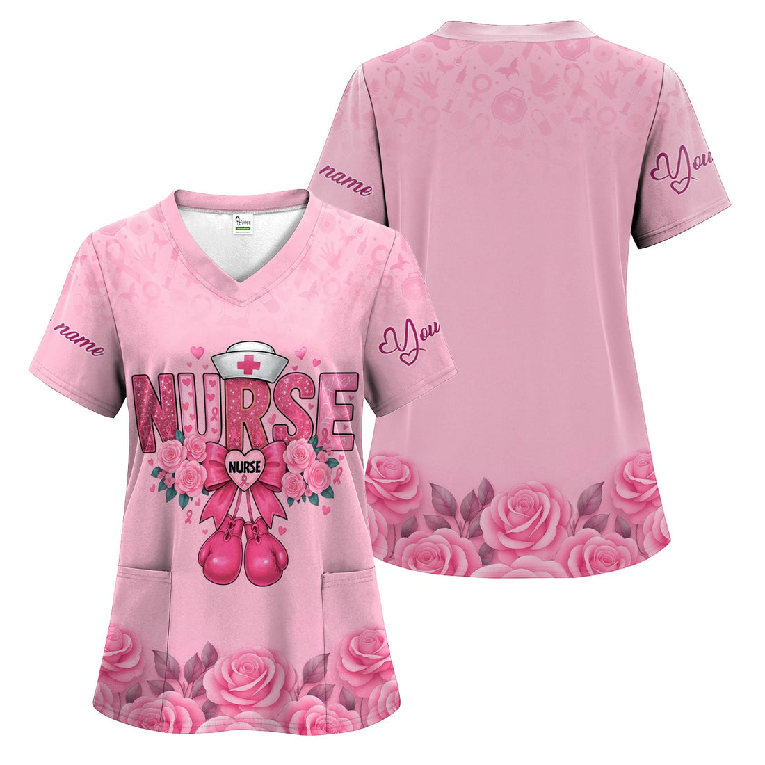Personalized Pink Boxing Gloves Rose Nurse Scrub Top
