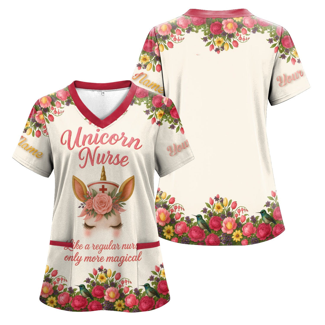 Personalized Magical Unicorn Floral Nurse Scrub Top