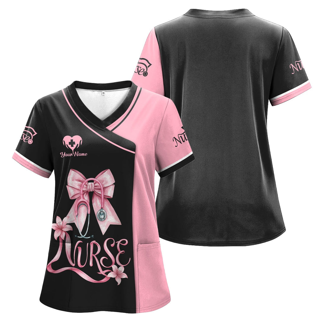 Personalized Floral Ribbon Nurse Scrub Top