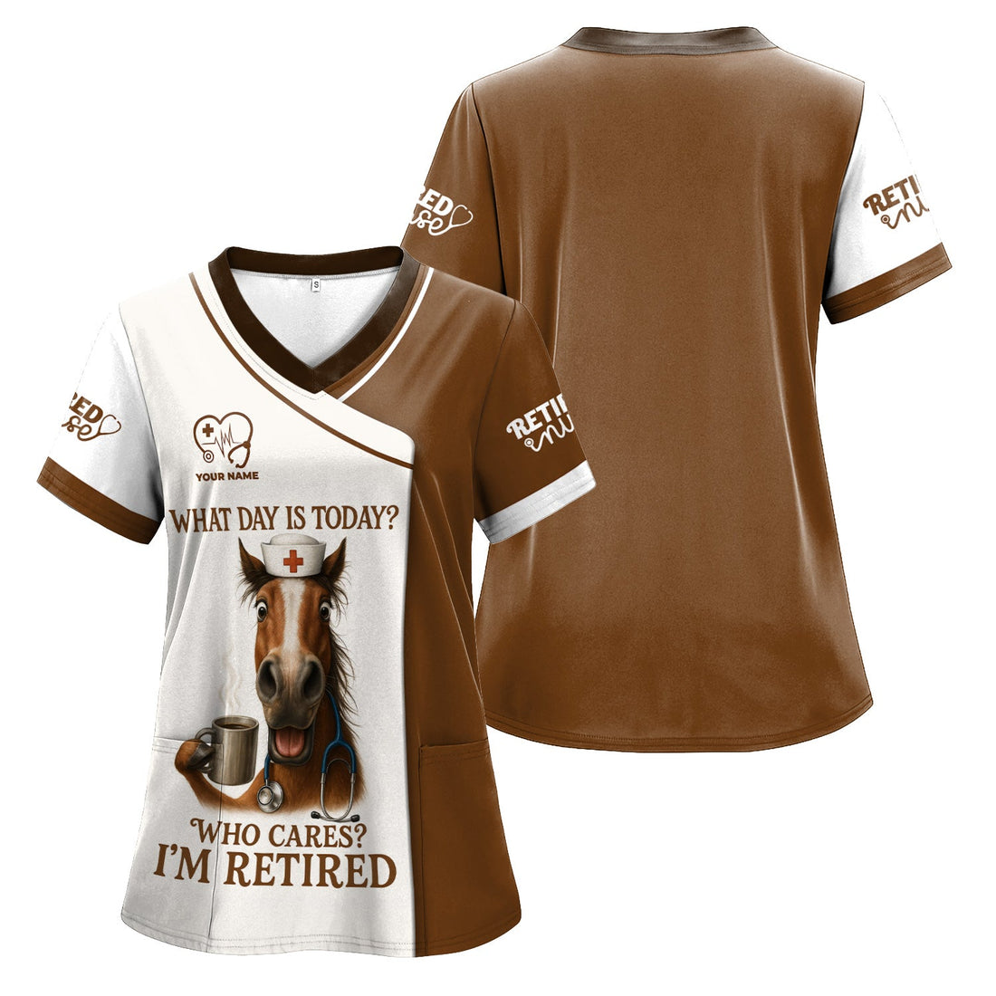 Personalized Retired Nurse Horse Coffee Scrub Top