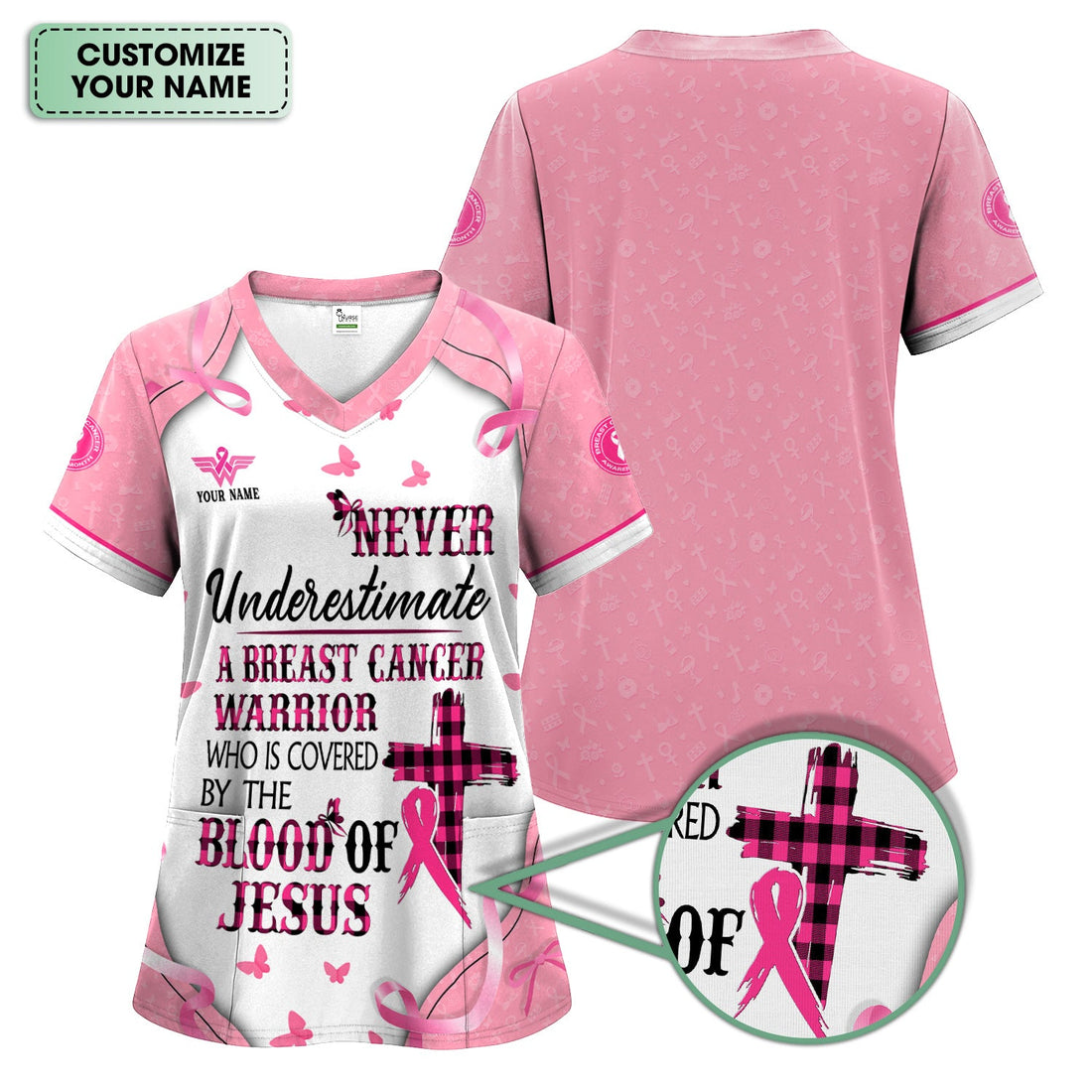 Personalized Breast Cancer Warrior Faith Nurse Scrub Top