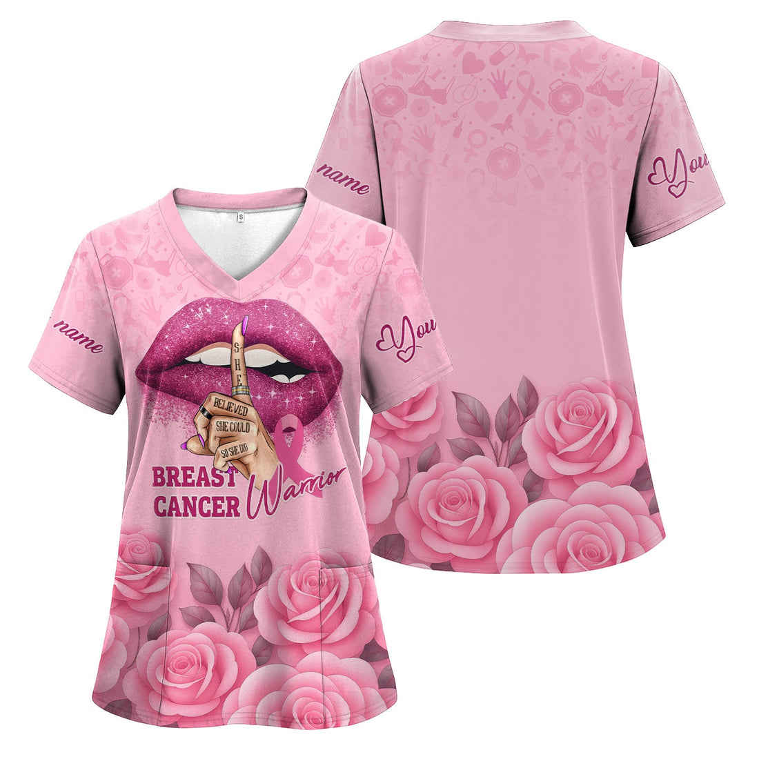 Personalized Pink Ribbon Rose Nurse Scrub Top
