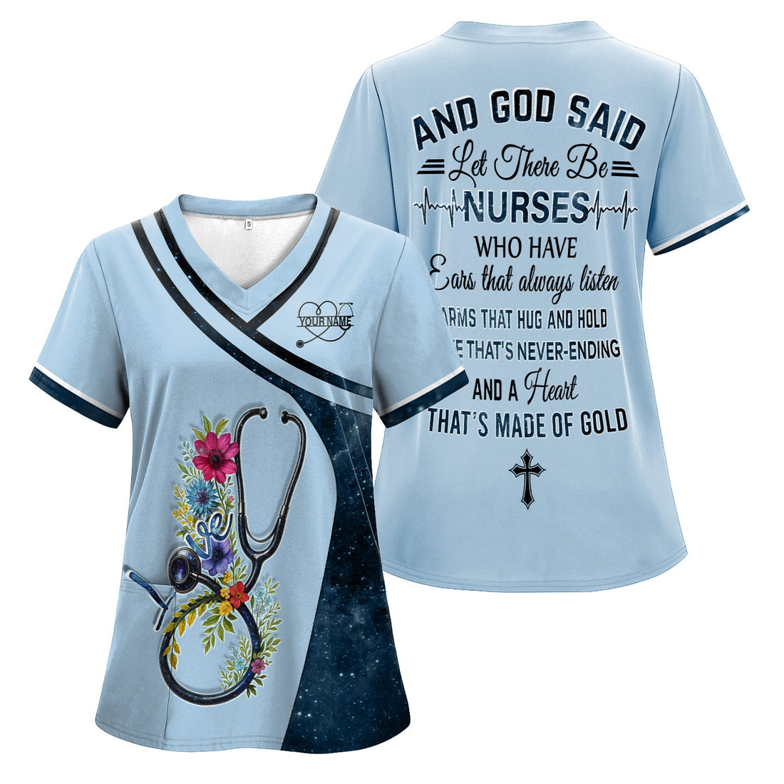 Personalized Cross & Heart Floral Nurse Scrub Top
