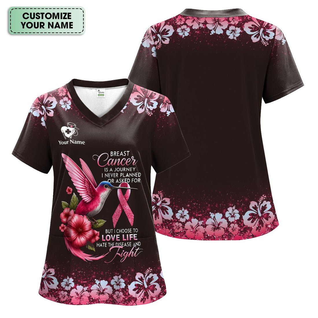 Personalized Breast Cancer Hummingbird Pink Ribbon Nurse Scrub Top