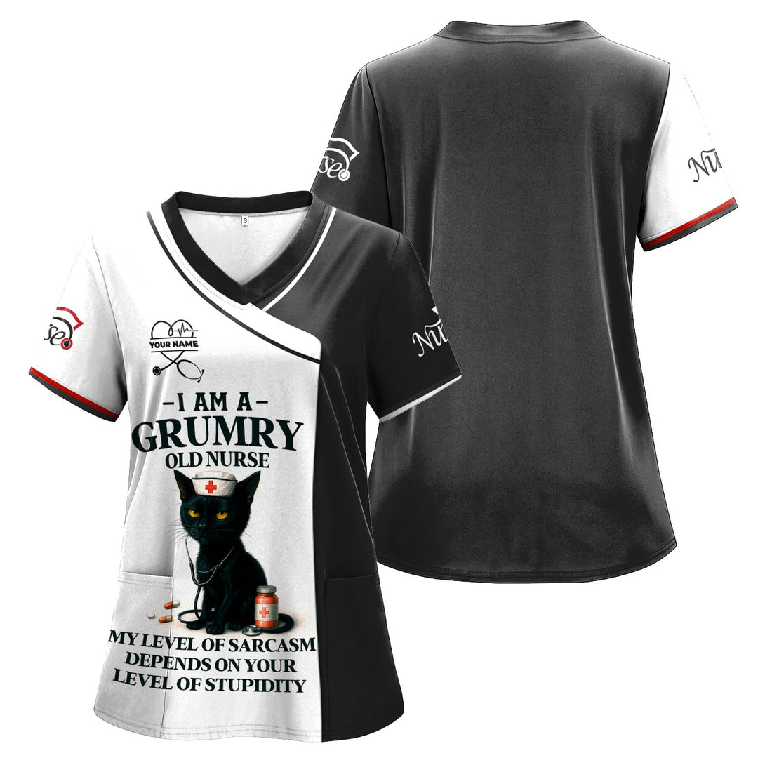 Personalized Grumpy Black Cat Nurse Scrub Top