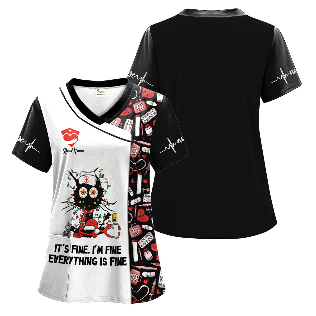 Personalized Everything Fine Black Cat Christmas Nurse Scrub Top