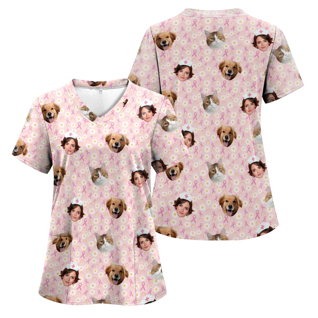 Personalized Breast Cancer Awareness Face Nurse Scrub Top