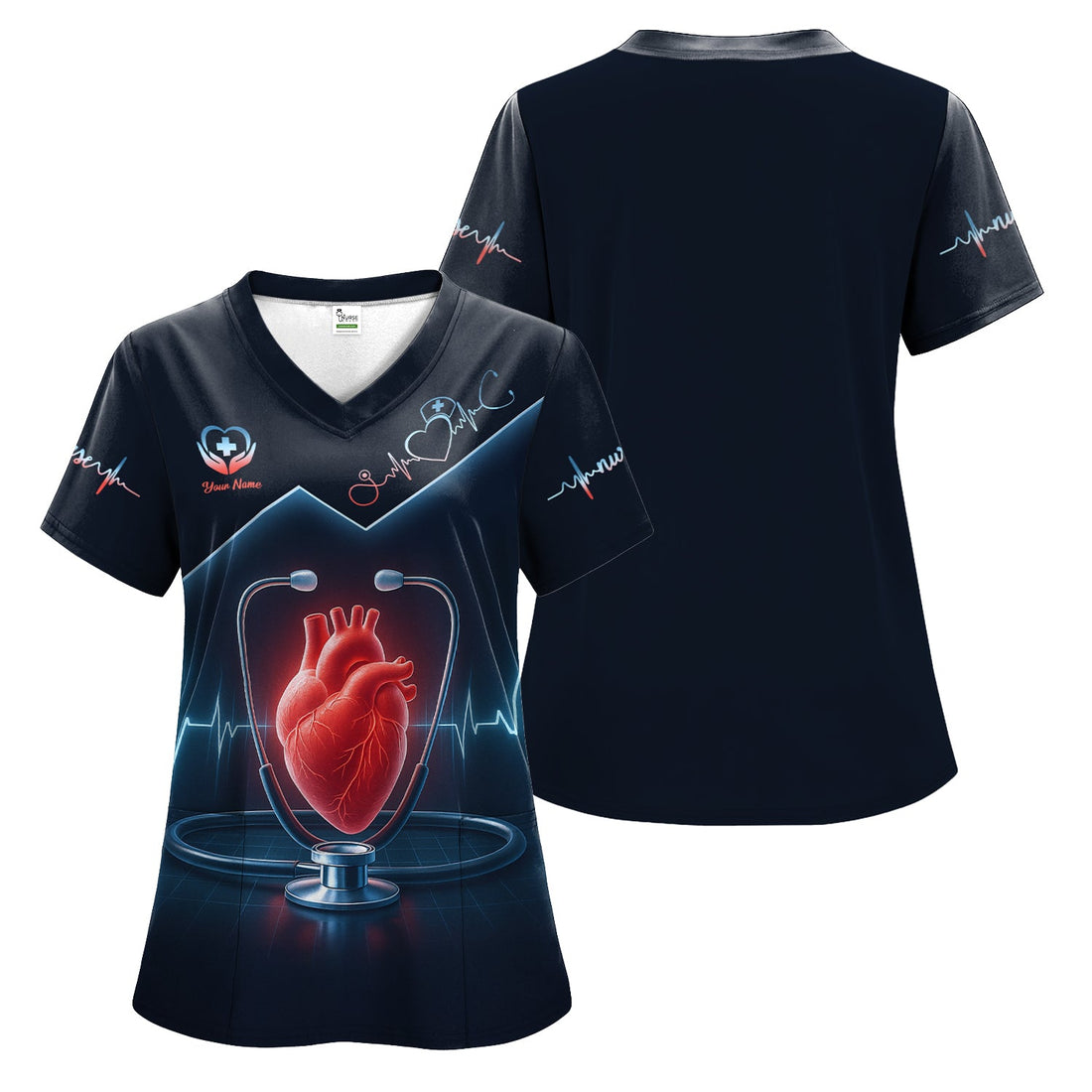 Personalized Heart Stethoscope EKG Nurse Scrub Top