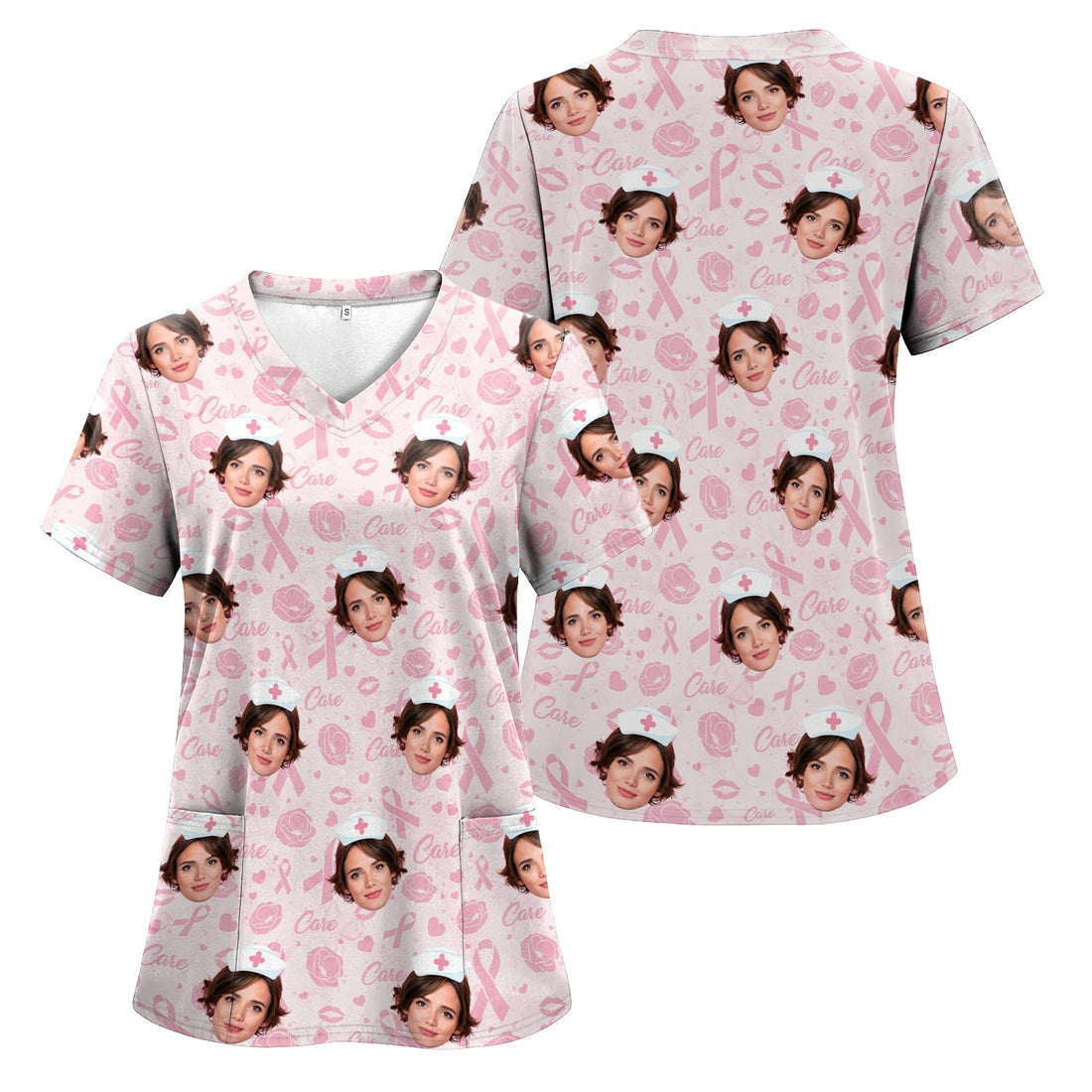Personalized Face Pink Ribbon Nurse Scrub Top