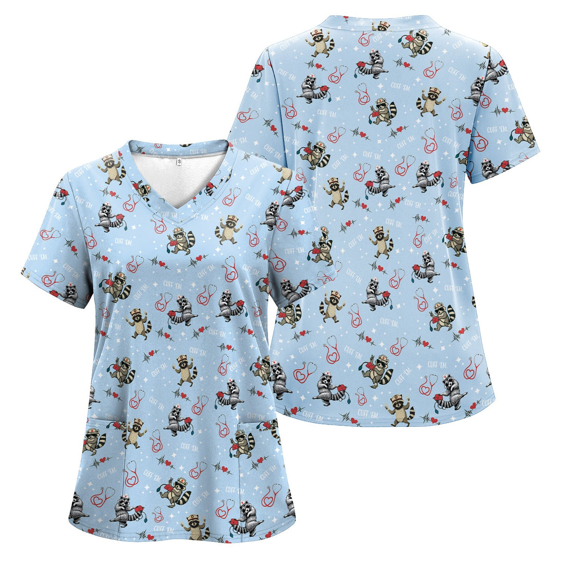 Personalized Cuff Em Raccoon Nurse Scrub Top