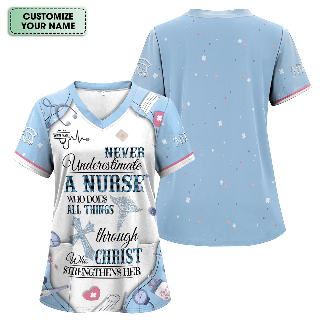 Personalized Nursing Faith Scrub for Women - Bible Verse All Things Through Christ - Religious Gift for Healthcare Professionals RN LPN CNA