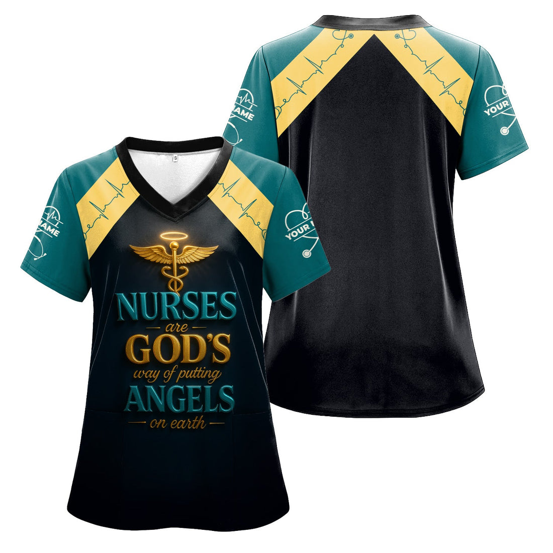Personalized Golden Caduceus Heartbeat Nurse Scrub Top