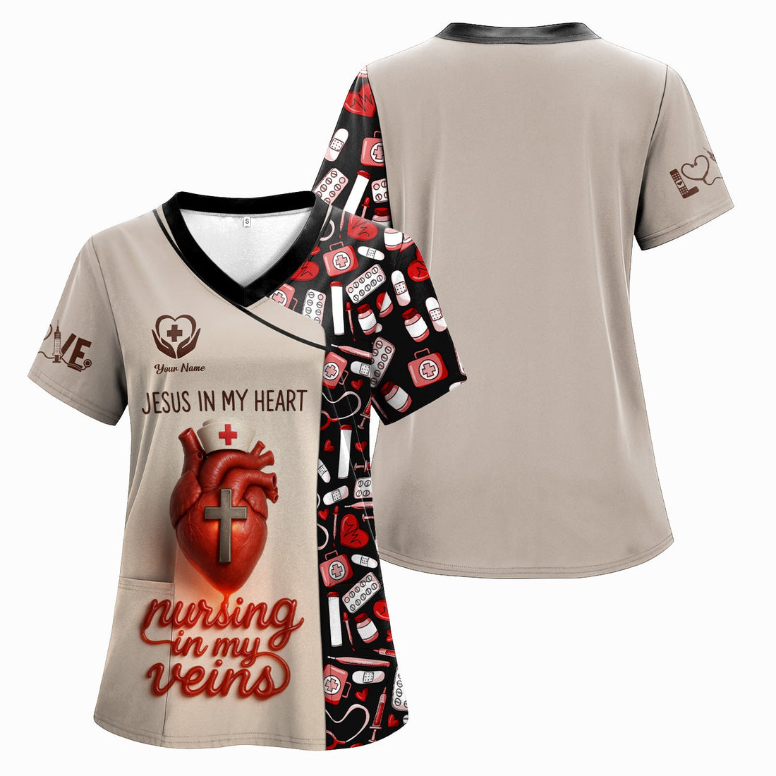 Personalized Jesus Heart Nurse Scrub Top