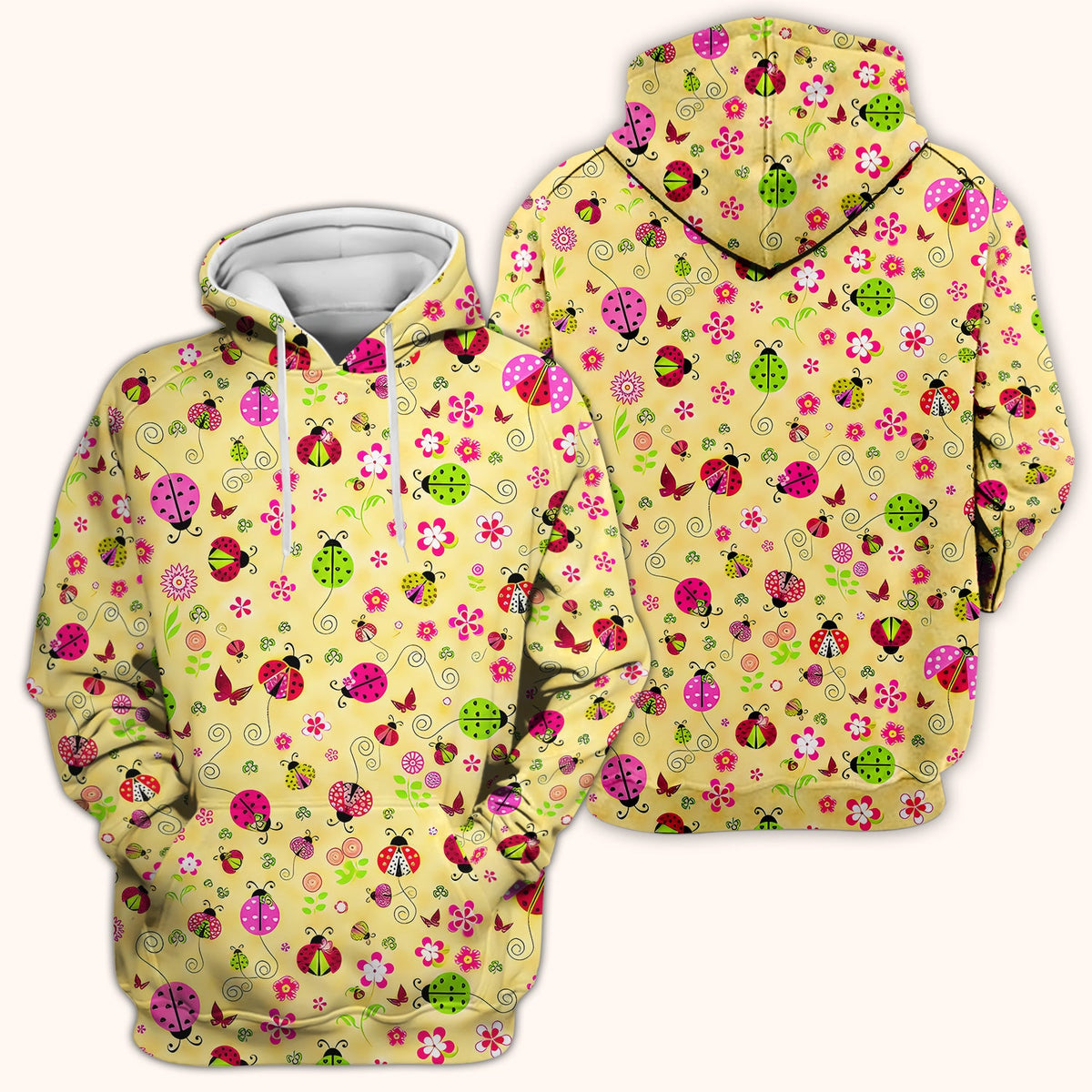 Yellow Ladybug Floral Garden Pattern Scrub Top, Breathable Fabrics Nursing Uniform