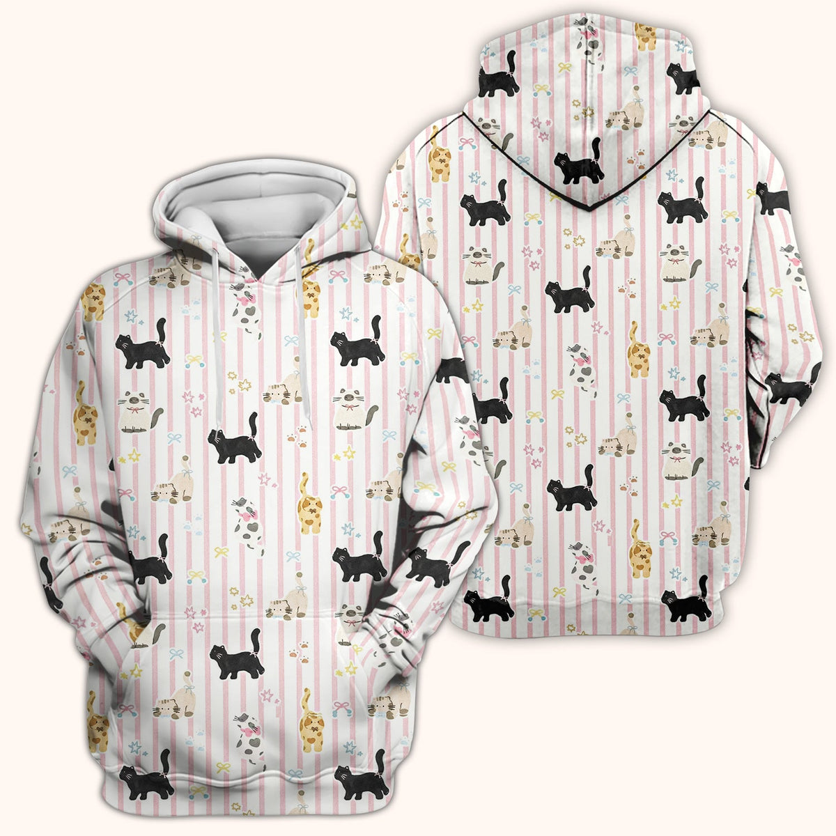 Playful Cat Stripe Ribbon Nurse Scrub Top