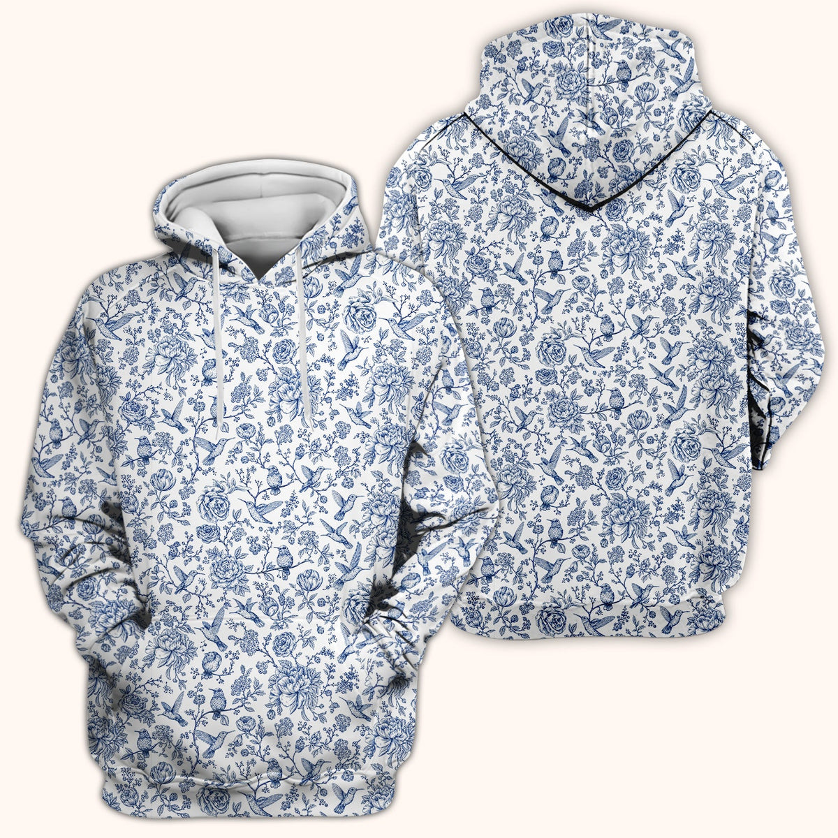 Blue Toile Hummingbird Floral Nurse Scrub Top