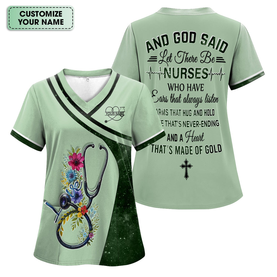 Personalized Christian Cross Floral Stethoscope Nurse Scrub Top