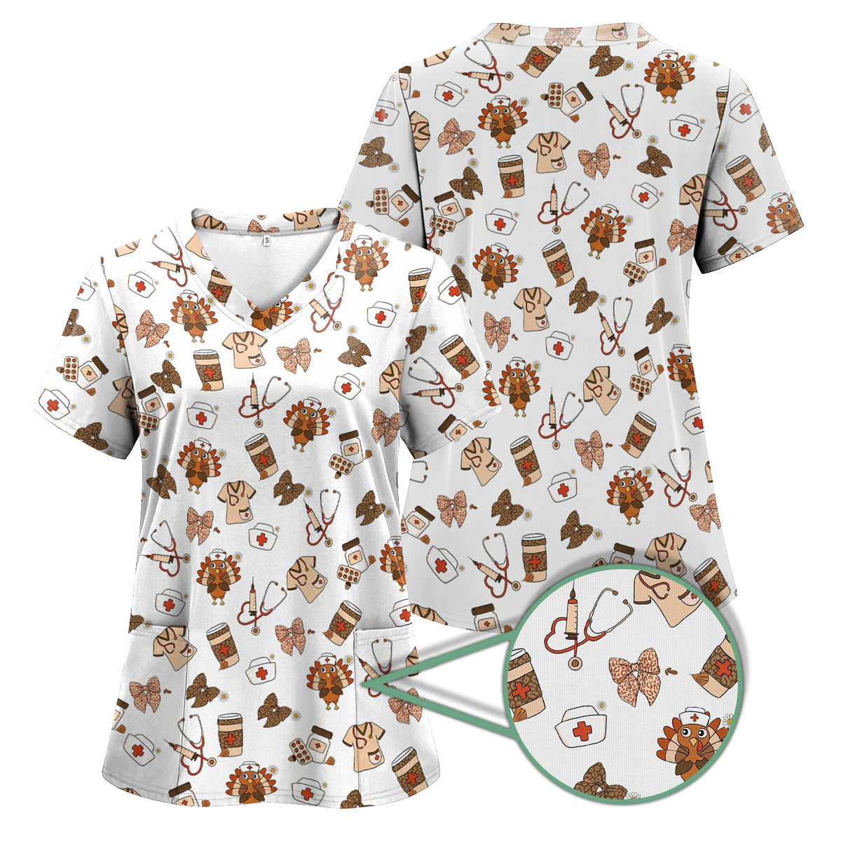 Cute Nurse Fall Season Scrub Top - Thanksgiving Turkey & Stethoscope Medical Design  - Gift for RN LPN CNA