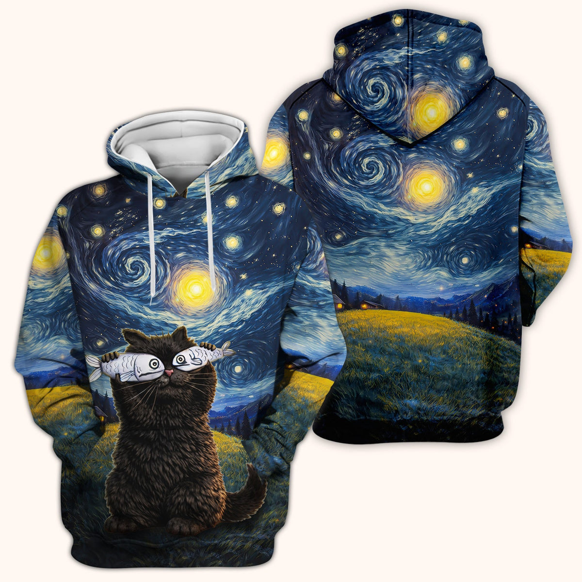 Starry Night Cat Art Print V Neck Nursing Scrub Top, for Cat Lover Nurses