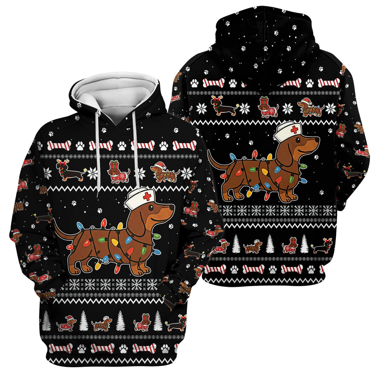 Christmas Dachshund Nurse Scrub Top for Women - Cute Sausage Dog Wearing Lights - Funny Holiday Medical Shirt Gift for RN CNA LPN