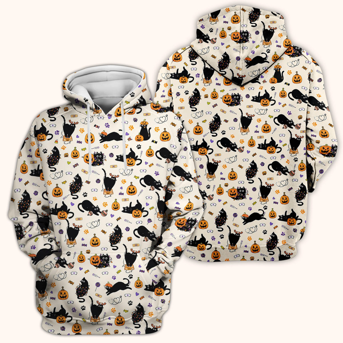Pumpkin Black Cat Nurse Scrub Top