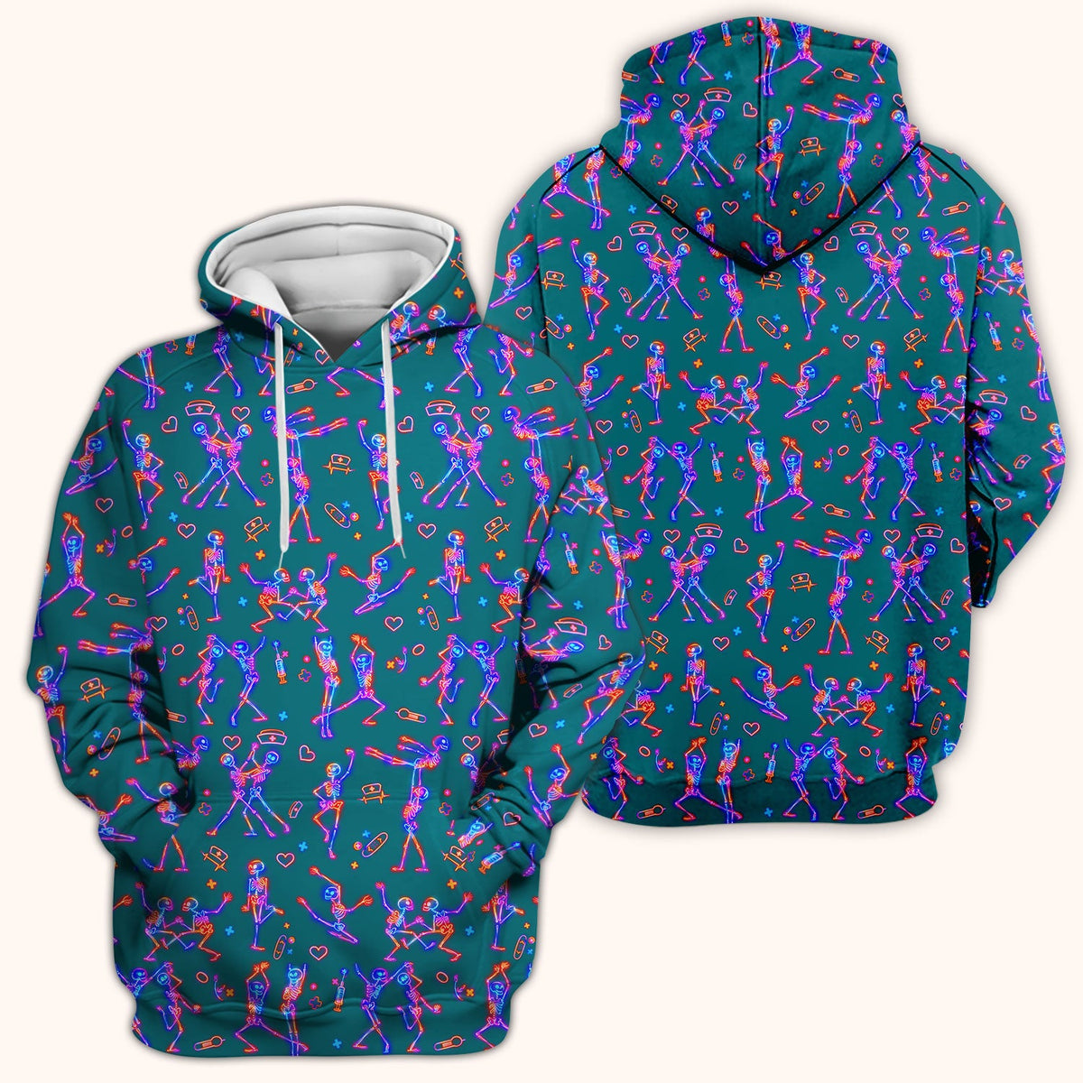 Neon Dancing Skeleton Medical Pattern Scrub Top, Comfortable Scrubs for Nurses