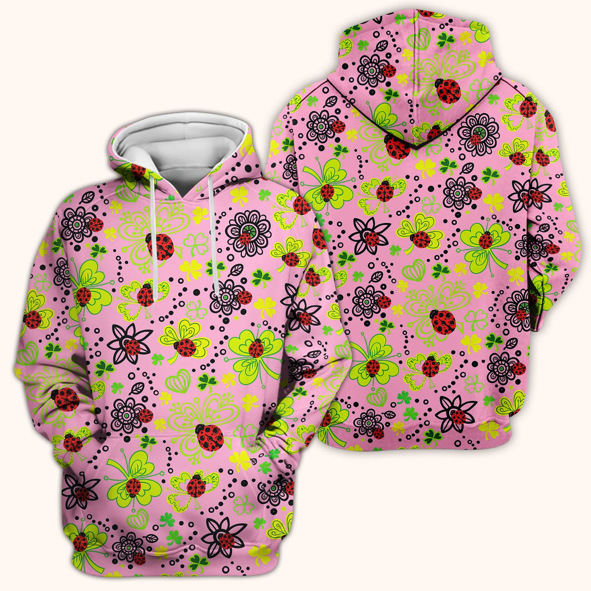 Ladybug Clover Floral Pattern Print Scrubs Nurses, Breathable Fabrics Nursing Uniform