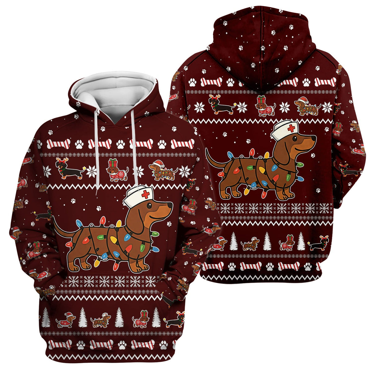 Christmas Dachshund Nurse Scrub Top for Women - Cute Sausage Dog Wearing Lights - Funny Holiday Medical Shirt Gift for RN CNA LPN