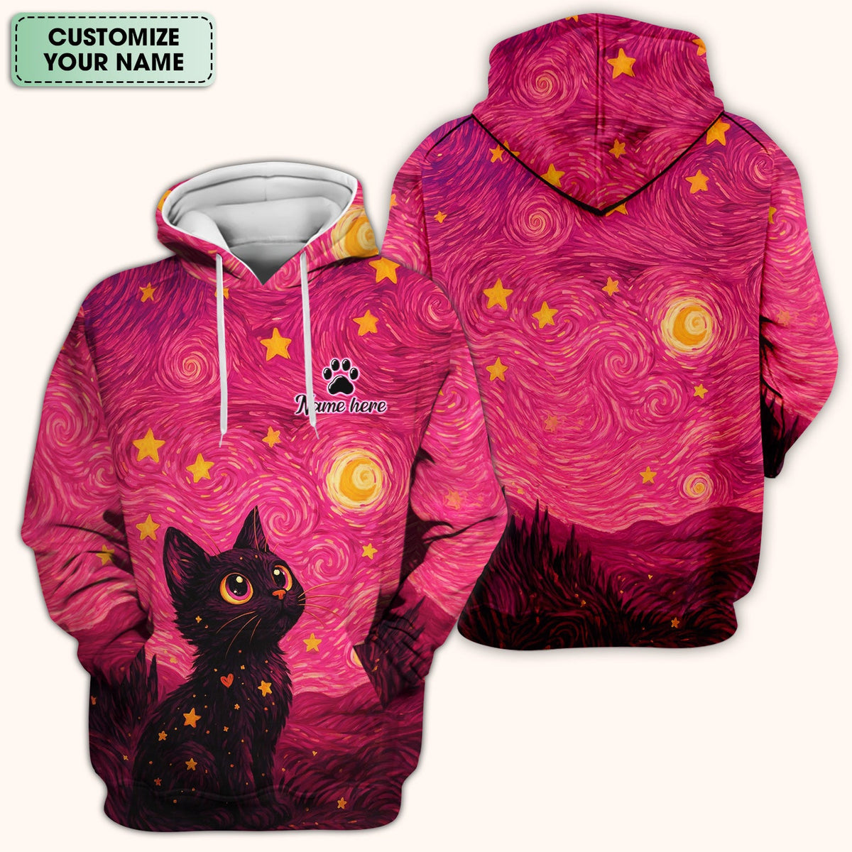 Personalized Black Cat Galaxy Star Swirl Pattern Scrub Top, Comfortable Scrubs for Nurses