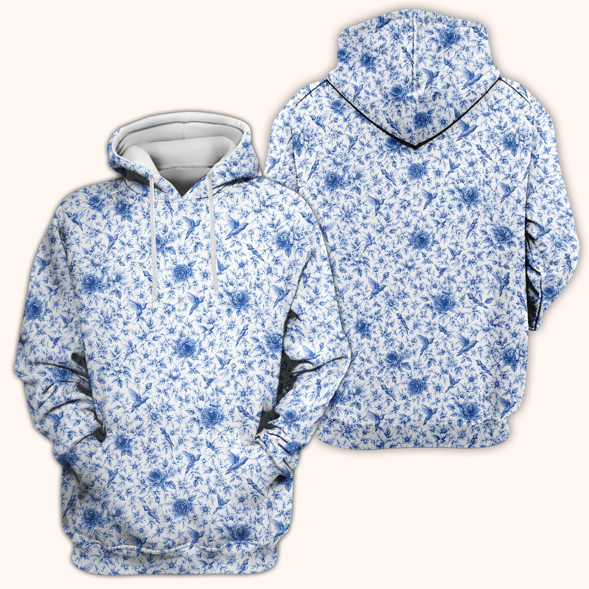Blue Floral Hummingbird Toile Nurse Scrub Top
