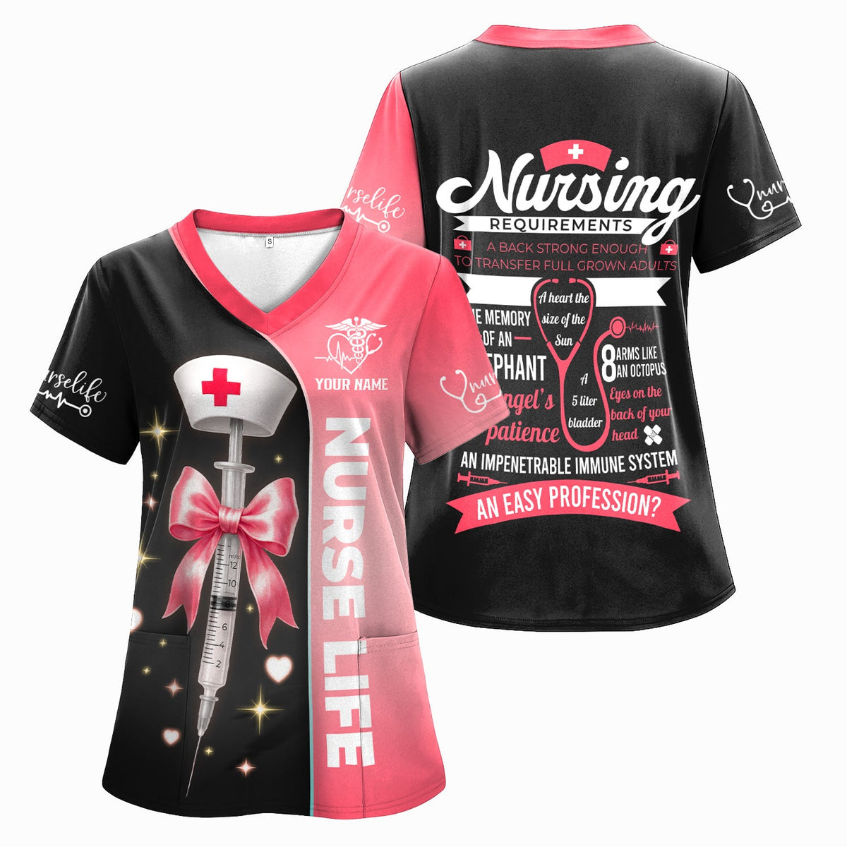 Personalized Nurse Life Scrubs for Women RN LPN CNA - Cute Pink and Black Syringe Bow Design - Funny Medical Quote Gift for Healthcare Workers in Nursing Field