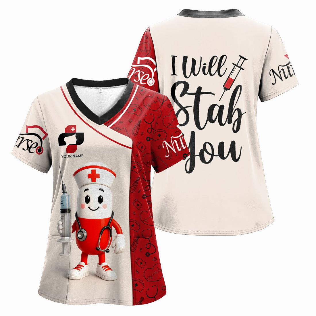 Personalized Pill Syringe Cartoon Nurse Scrub Top
