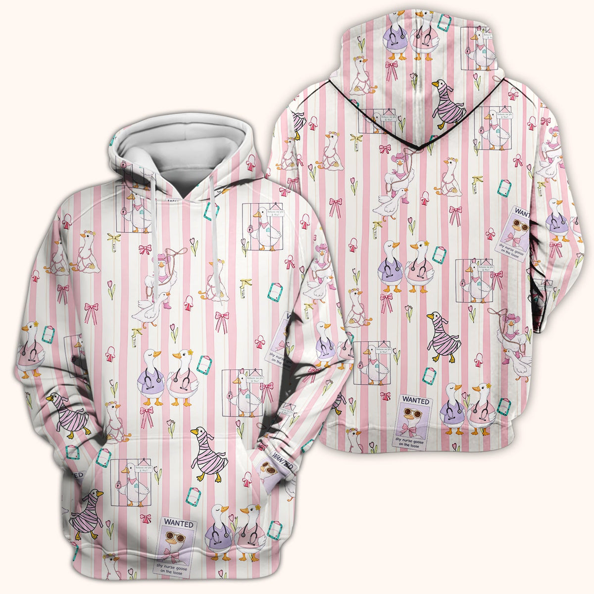 Cute Nurse Duck Stripe Pattern Scrub Top, Comfortable Scrubs for Nurses