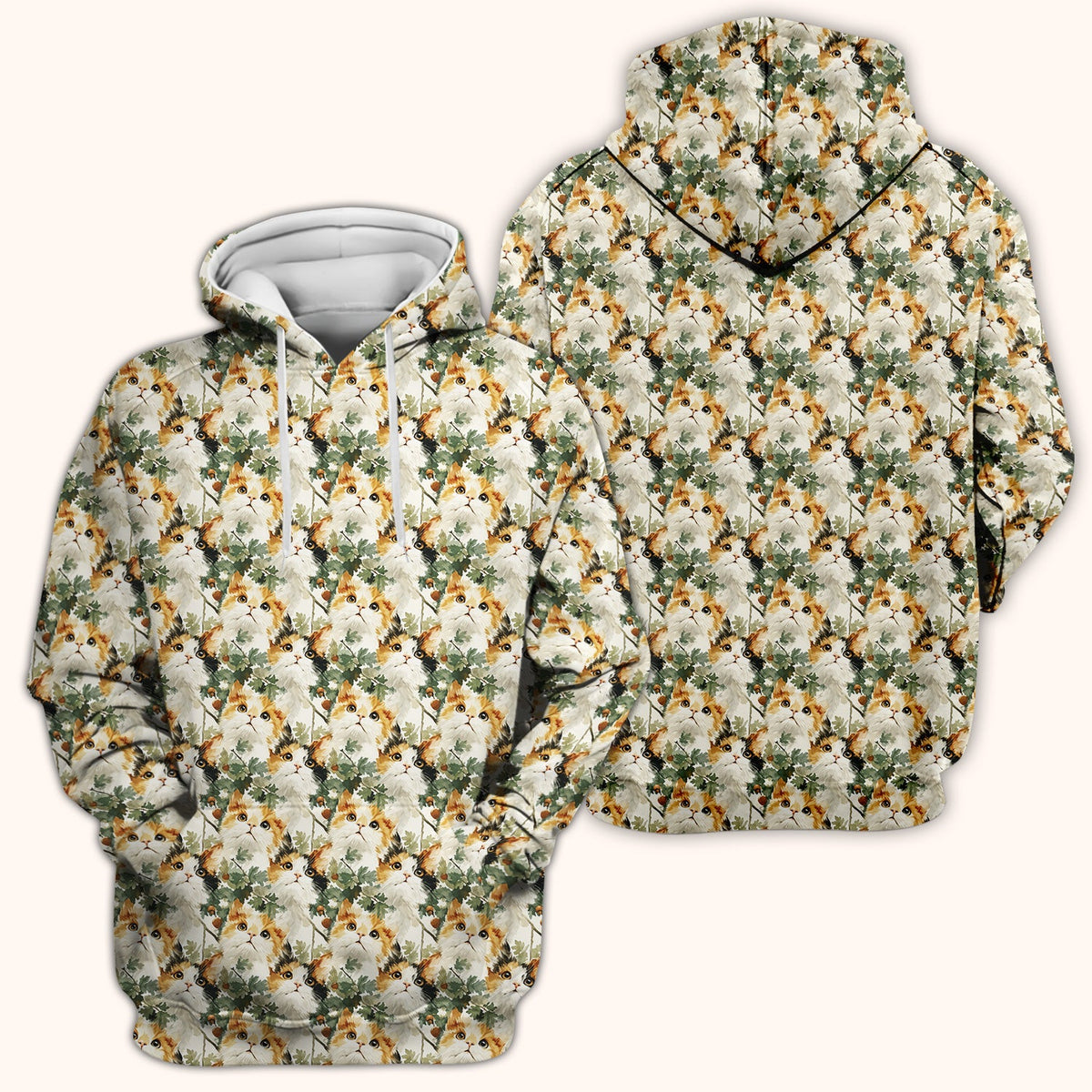 Fluffy Calico Cat Oak Leaves Nurse Scrub Top