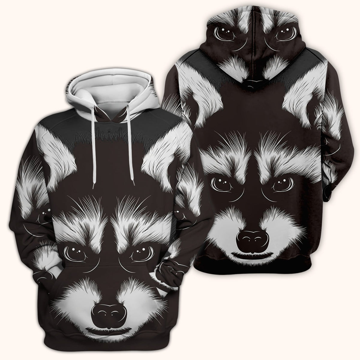 Black White Raccoon Face Nurse Scrub Top