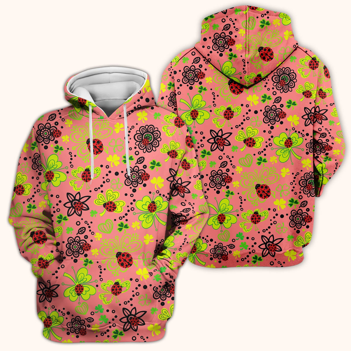 Ladybug Clover Floral Pattern Print Scrubs Nurses, Breathable Fabrics Nursing Uniform
