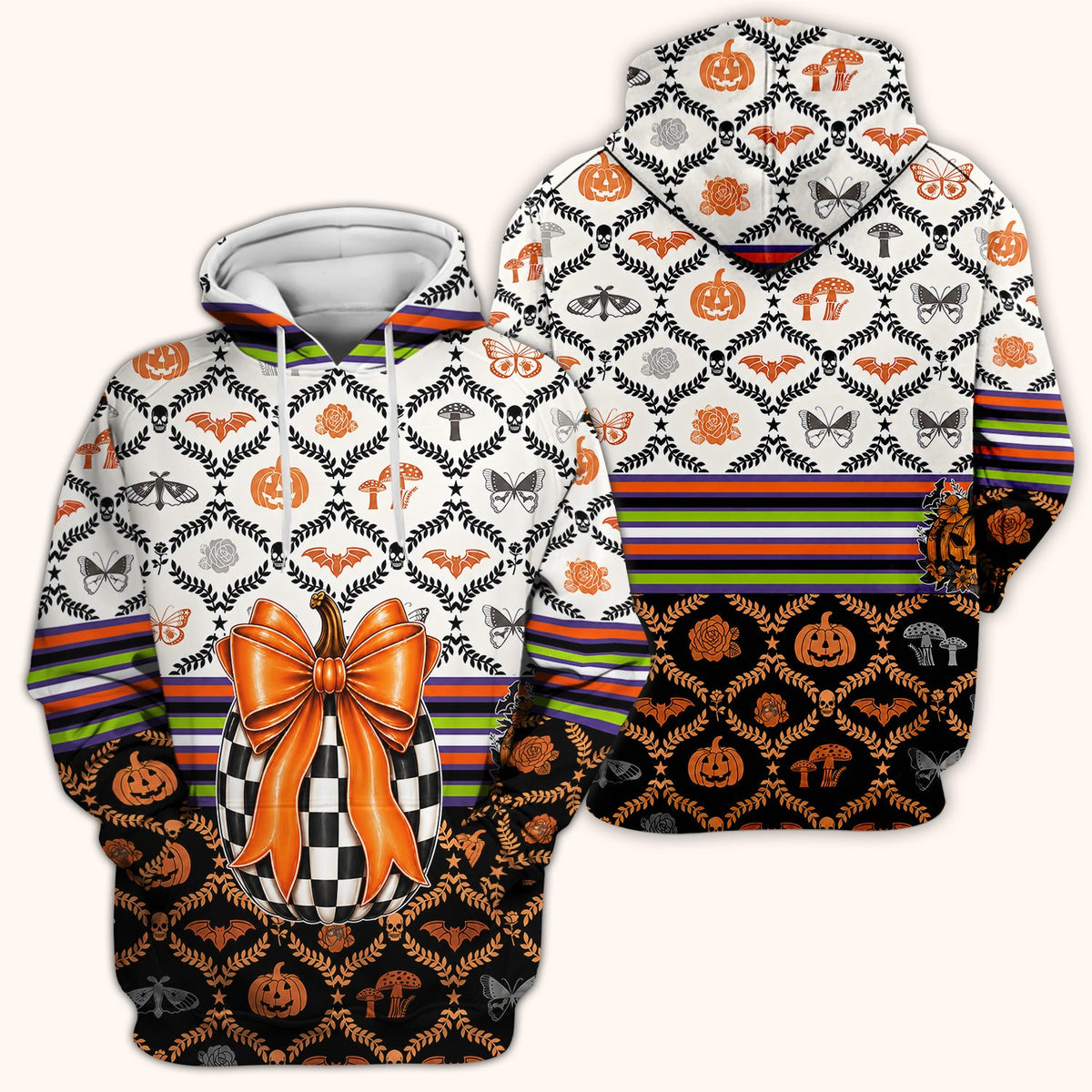 Checkered Pumpkin Bow Nurse Scrub Top - Halloween Gift