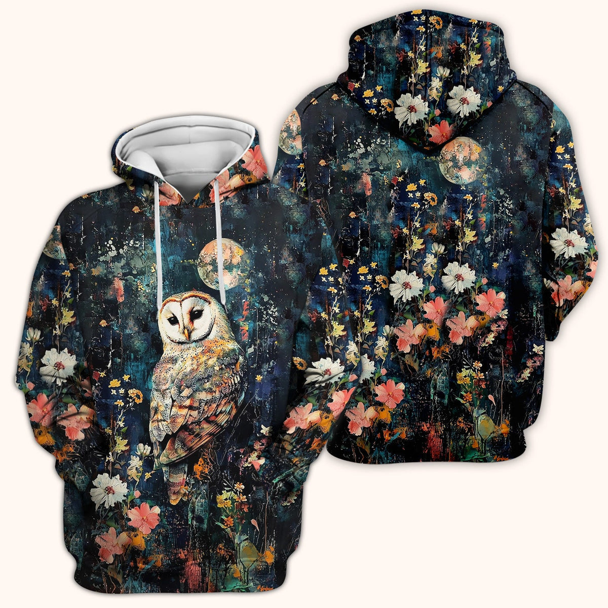 Moonlit Barn Owl Floral Pattern Scrub Top, Comfortable Scrubs for Nurses