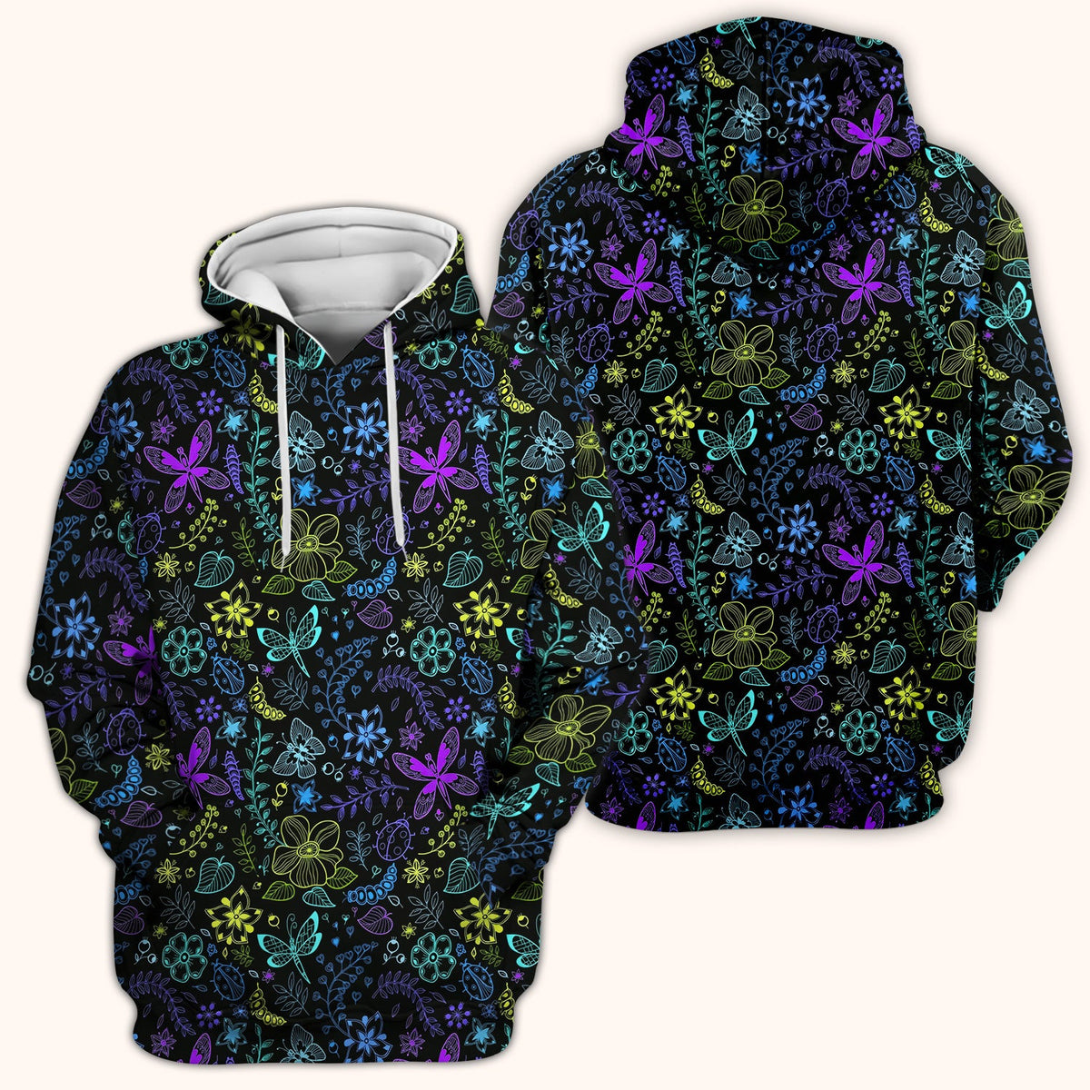Neon Butterfly and Floral Garden Pattern Scrub Top, Comfortable Scrubs for Nurses