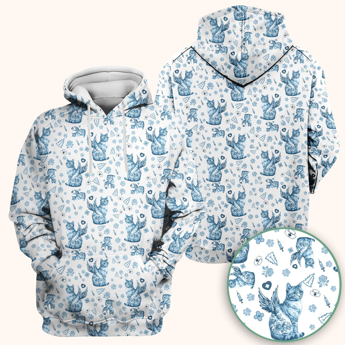 Toile de Jouy Cat Angel Scrub Top - Blue Vintage Nurse Shirt - French Style Medical Uniform for Women RN LPN CNA Gift