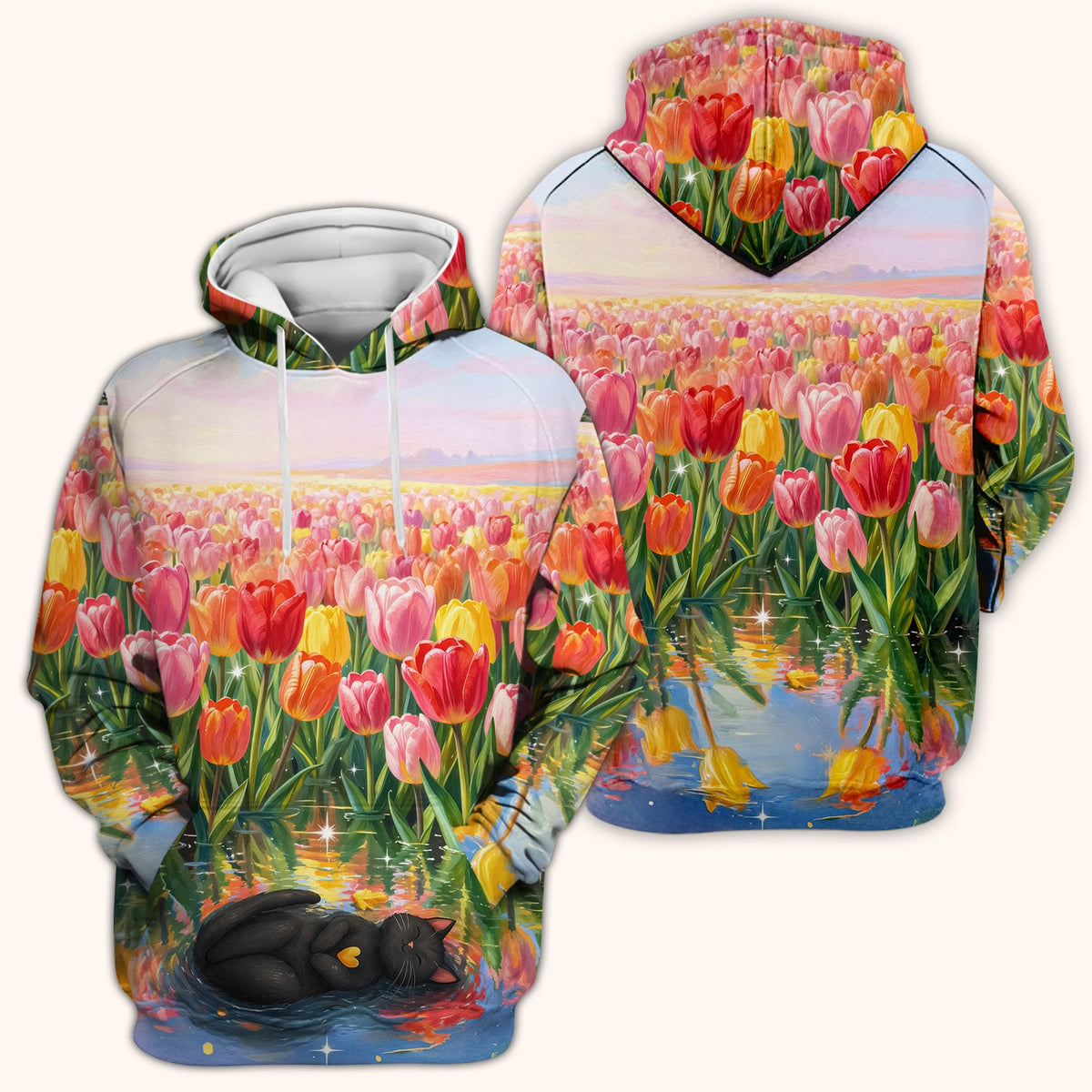 Sleeping Black Cat Tulip Field Nurse Scrub Top