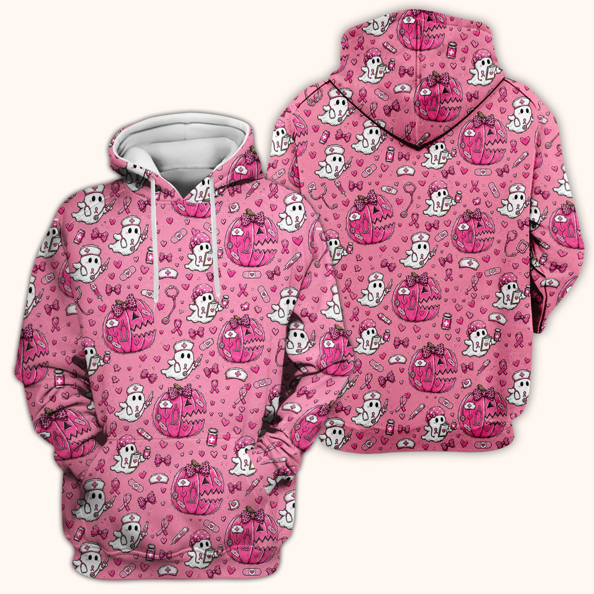 Pink Ribbon Ghost Pattern Nurse Scrub Top