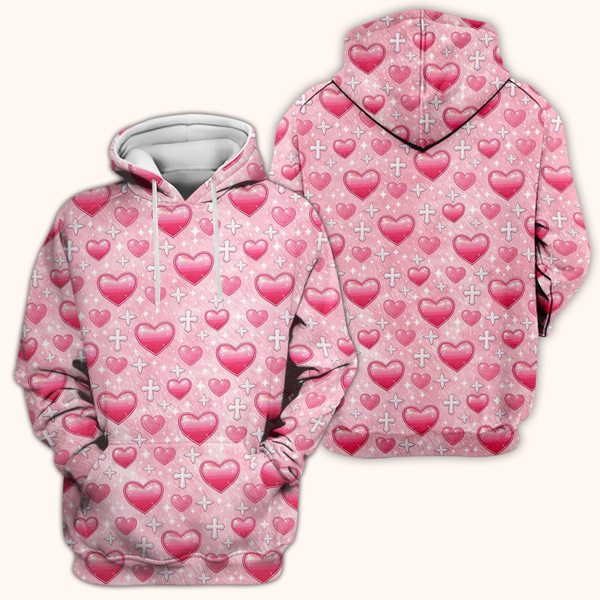 Pink Heart & Cross Pattern Scrub Top, Comfortable Scrubs for Nurses Uniform, Valentine's Day gift