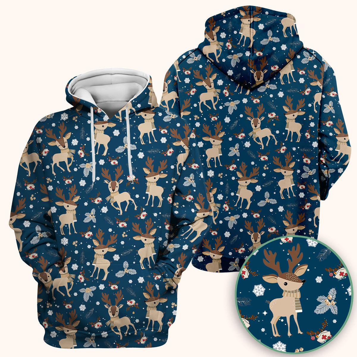 Reindeer Christmas Scrub Top - Cozy Beige Holiday Nurse Shirt with Cute Deer Pattern - Festive Medical Scrubs for Women RN CNA LPN