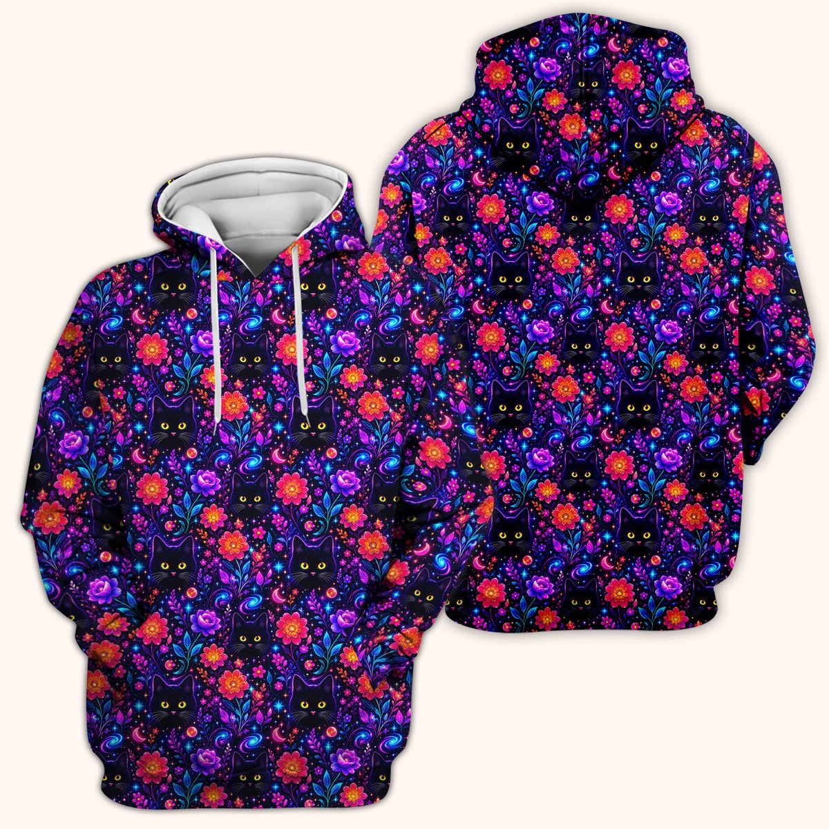 Galaxy Black Cat Floral Nurse Scrub Top