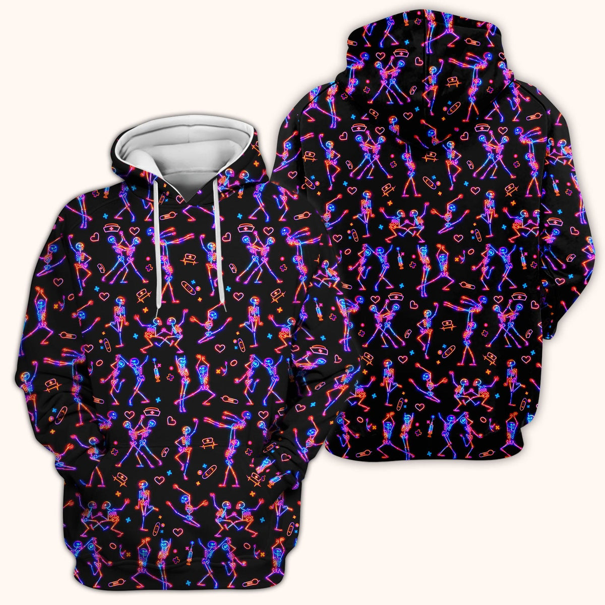 Neon Dancing Skeleton Medical Pattern Scrub Top, Comfortable Scrubs for Nurses