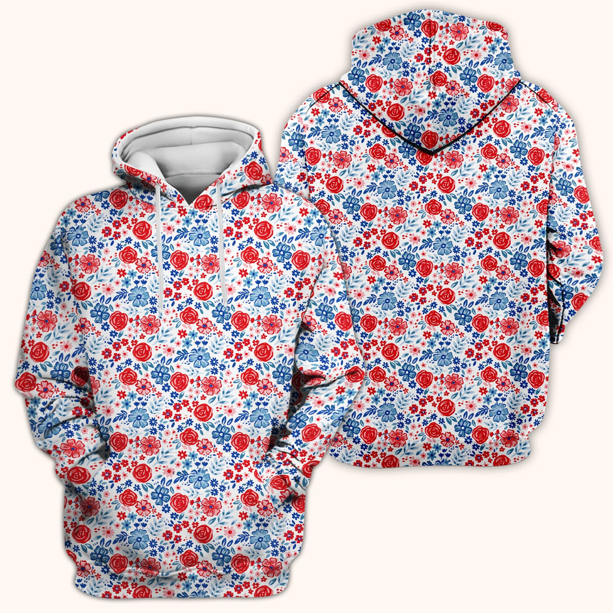 Red Blue Floral Garden Blossom Nurse Scrub Top