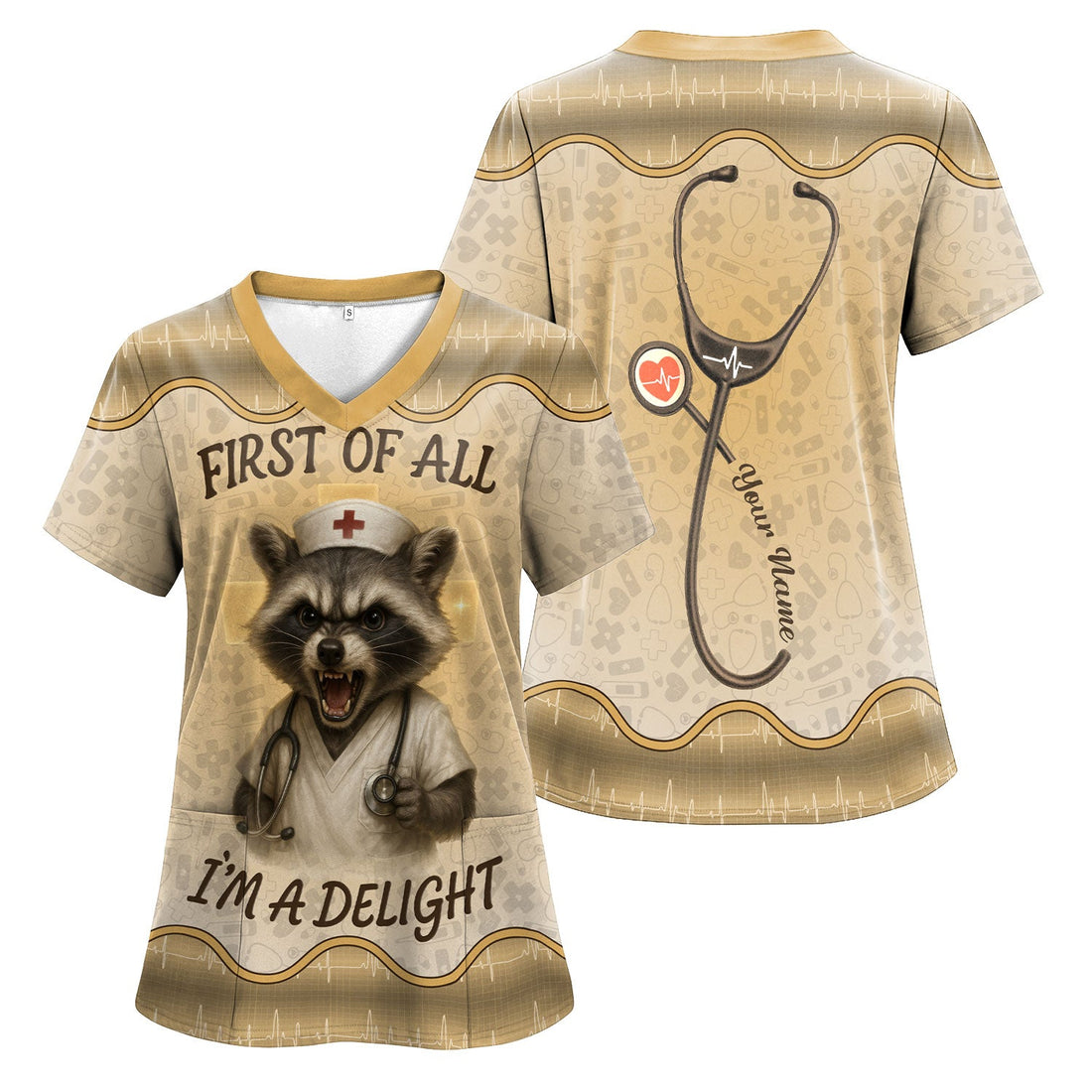 Funny Raccoon Nurse Scrub Top - First Of All I'm A Delight Quote - Personalized Gift for Women RN CNA LPN - Custom Name Medical Uniform for Healthcare Workers